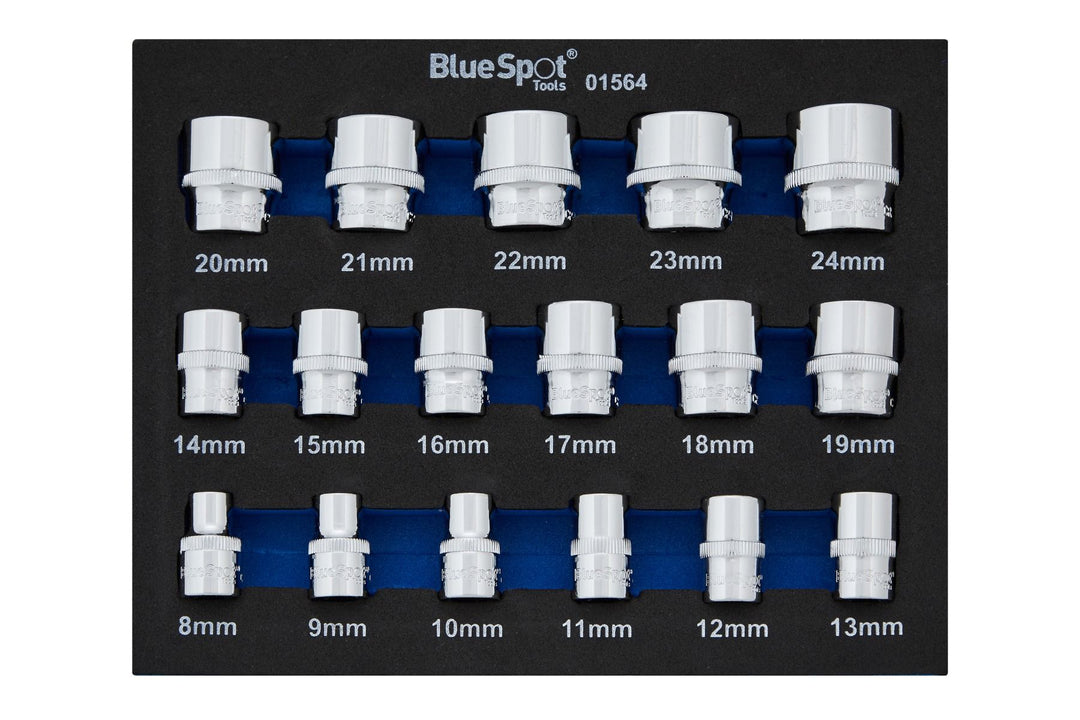 BLUE SPOT TOOLS 17 PCE 3/8" Metric Shallow Sockets (8-24mm)