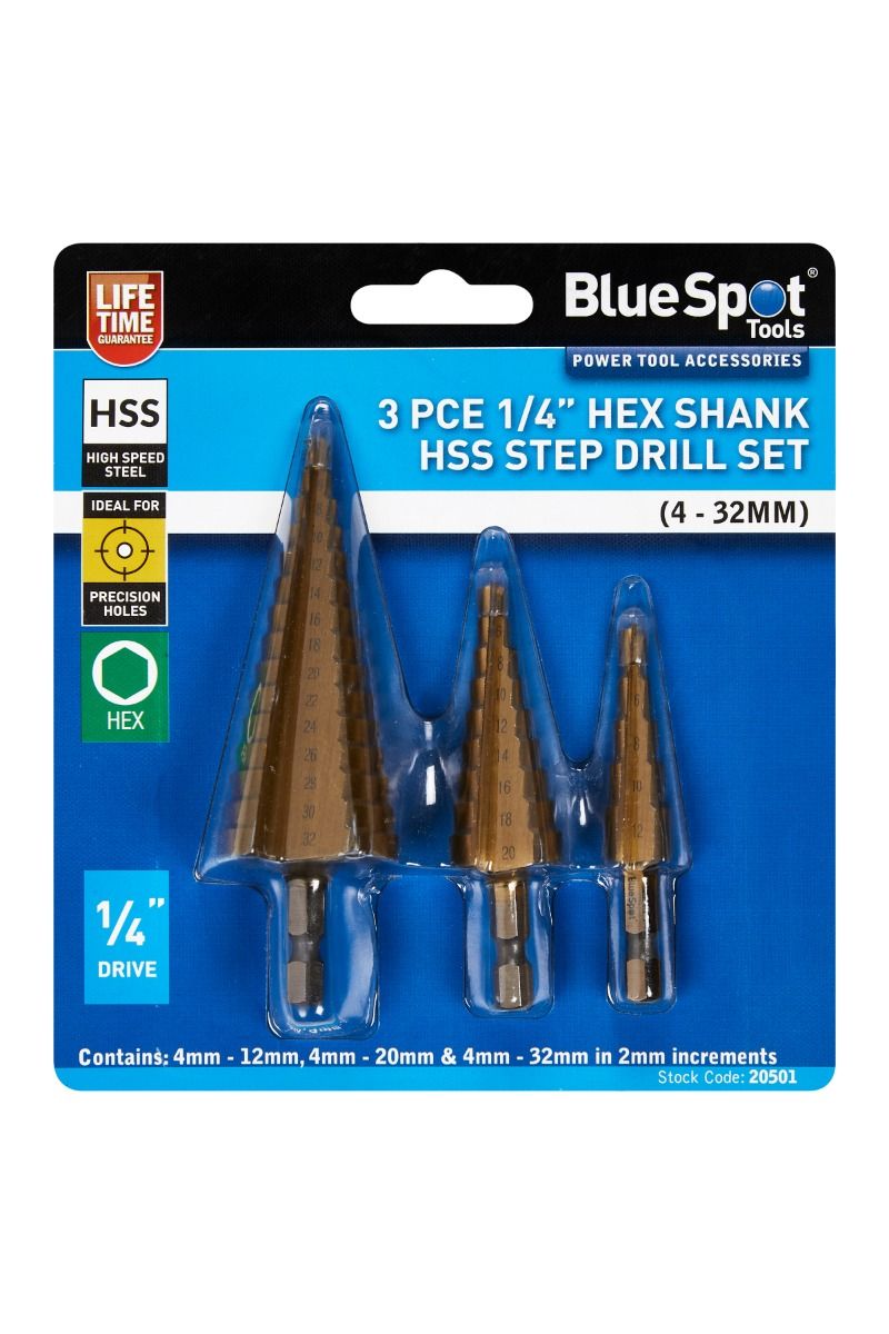 BLUE SPOT TOOLS 3 PCE HEX SHANK HSS STEP DRILL SET (4 - 32MM)