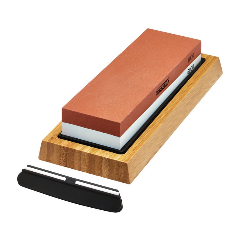 DRAPER Double Sided Whetstone Sharpening Stone with Non-Slip Base and Angle Guide, 1000/6000 Grit