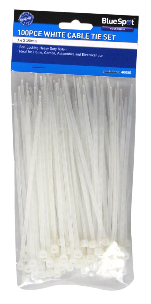 BLUE SPOT TOOLS 100 PCE 3.6MM X 150MM WHITE CABLE TIES