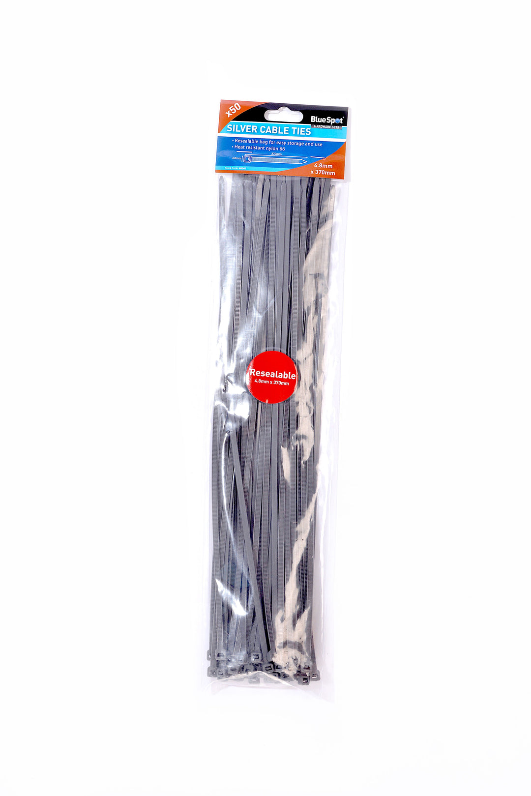 BLUE SPOT TOOLS 50 PCE 4.8MM X 370MM SILVER CABLE TIES