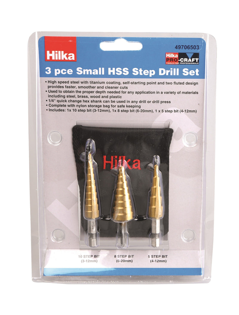 HILKA 3 pce Small HSS Step Drill Set