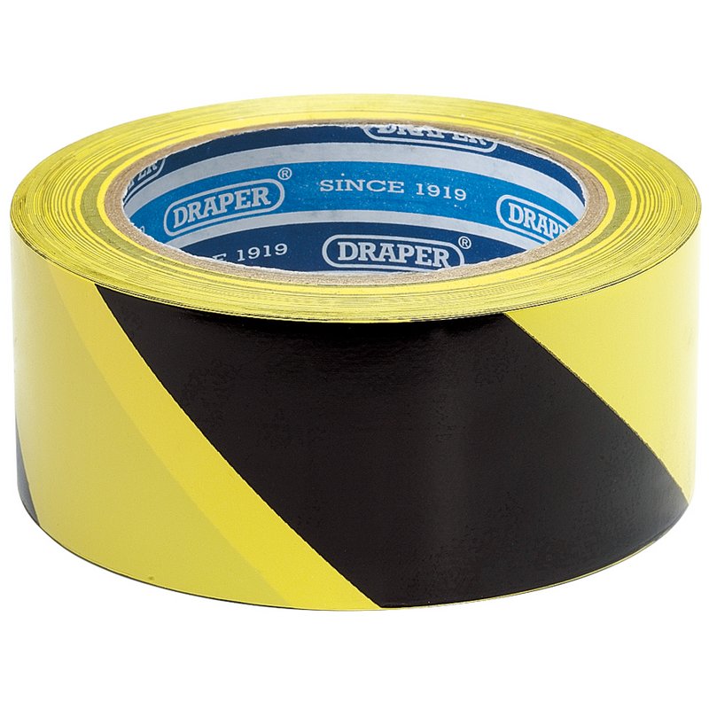 DRAPER Adhesive Hazard Tape Roll, 33m x 50mm, Black and Yellow