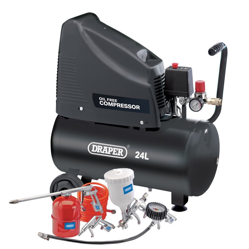 DRAPER 230V Oil-Free Compressor and Air Tool Kit, 24L