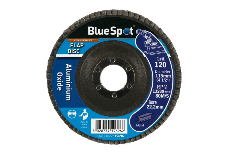 BLUE SPOT TOOLS 115MM (4.5") 120 GRIT ALUMINIUM OXIDE FLAP DISC - Bargain LAB