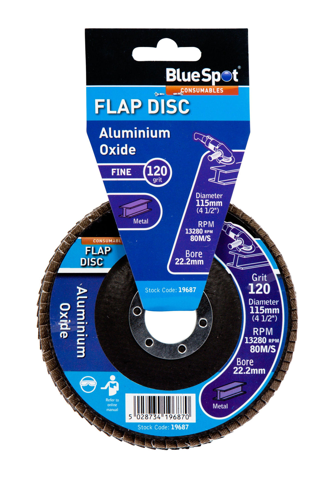 BLUE SPOT TOOLS 115MM (4.5") 120 GRIT ALUMINIUM OXIDE FLAP DISC (HEADER CARD) - Bargain LAB