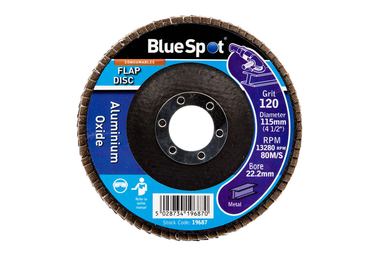 BLUE SPOT TOOLS 115MM (4.5") 120 GRIT ALUMINIUM OXIDE FLAP DISC (HEADER CARD) - Bargain LAB