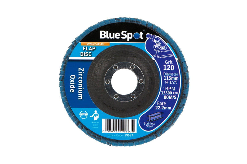 BLUE SPOT TOOLS 115MM (4.5") 120 GRIT ZIRCONIUM OXIDE FLAP DISC - Bargain LAB