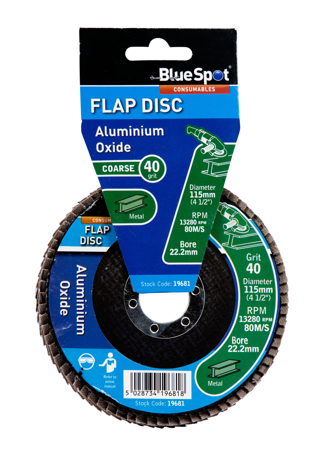 BLUE SPOT TOOLS 115MM (4.5") 40 GRIT ALUMINIUM OXIDE FLAP DISC (HEADER CARD) - Bargain LAB