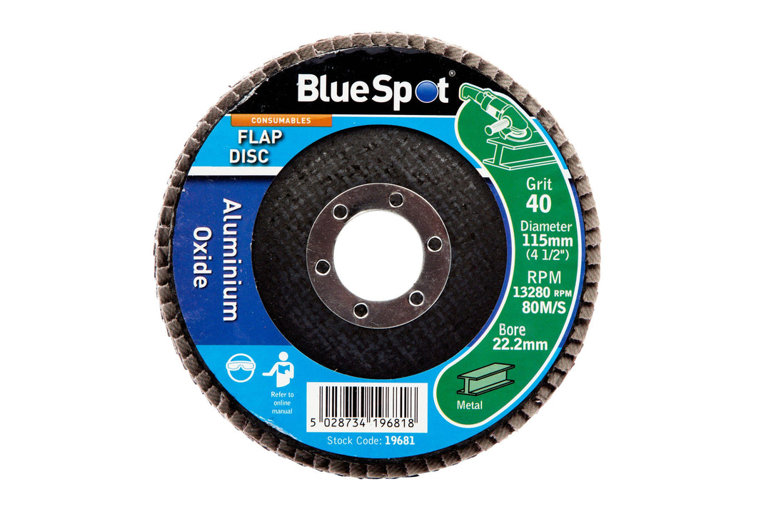 BLUE SPOT TOOLS 115MM (4.5") 40 GRIT ALUMINIUM OXIDE FLAP DISC (HEADER CARD) - Bargain LAB