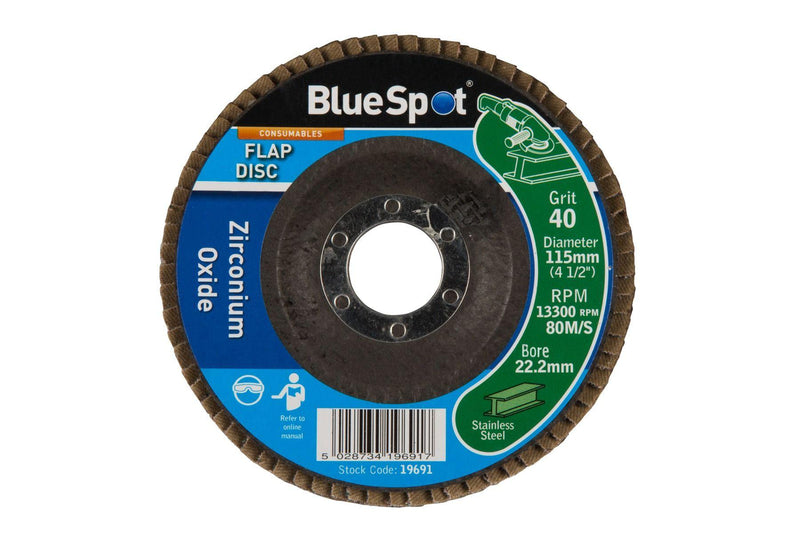BLUE SPOT TOOLS 115MM (4.5") 40 GRIT ZIRCONIUM OXIDE FLAP DISC - Bargain LAB