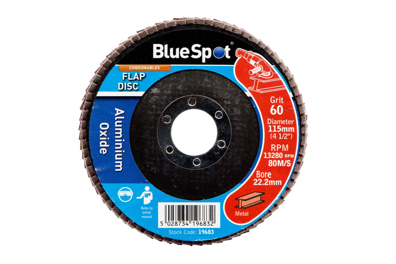 BLUE SPOT TOOLS 115MM (4.5") 60 GRIT ALUMINIUM OXIDE FLAP DISC (HEADER CARD) - Bargain LAB