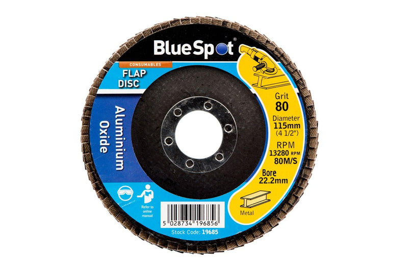 BLUE SPOT TOOLS 115MM (4.5") 80 GRIT ALUMINIUM OXIDE FLAP DISC (HEADER CARD) - Bargain LAB