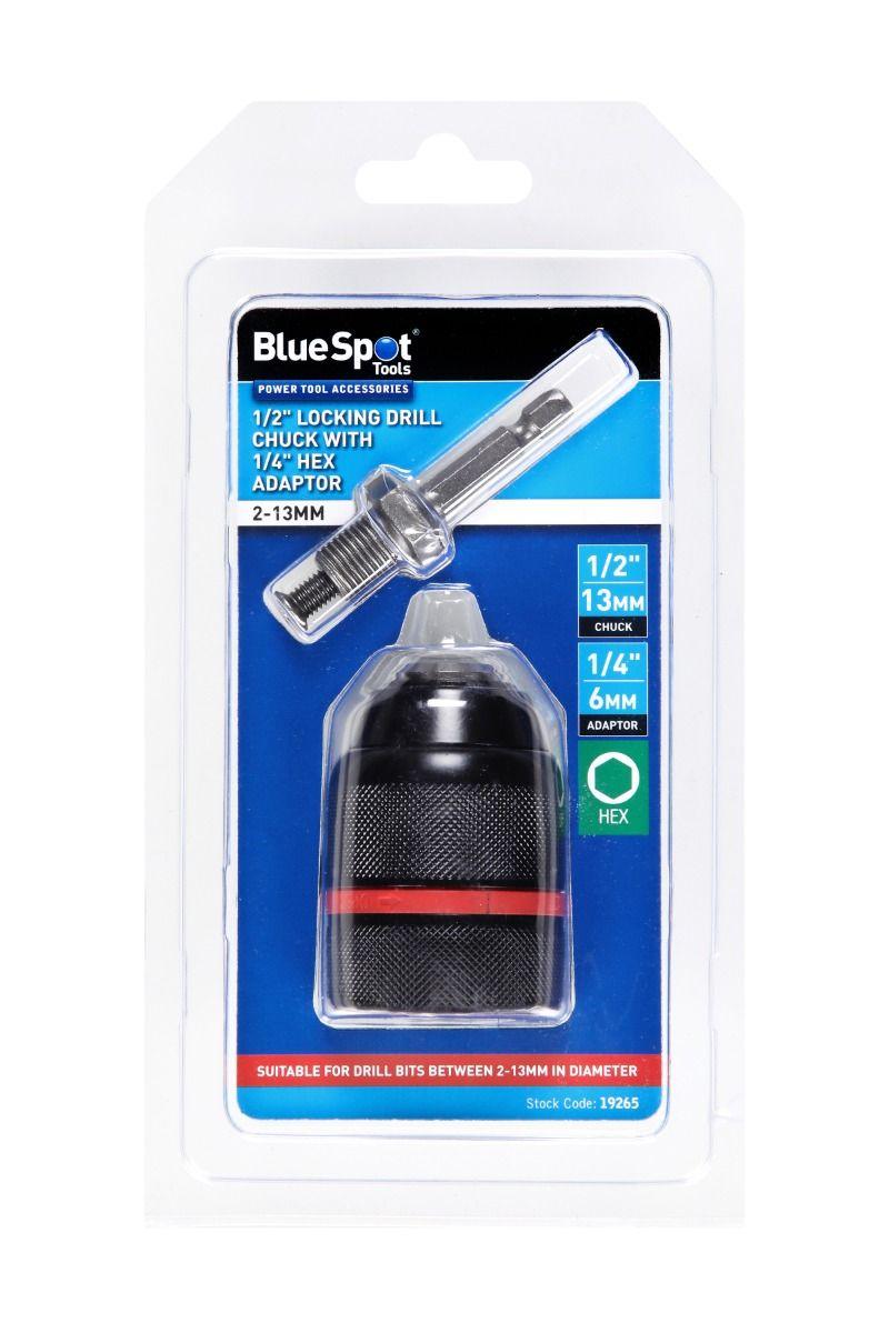 BLUE SPOT TOOLS 1/2" LOCKING DRILL CHUCK WITH 1/4" HEX ADAPTOR (2-13MM) - Bargain LAB