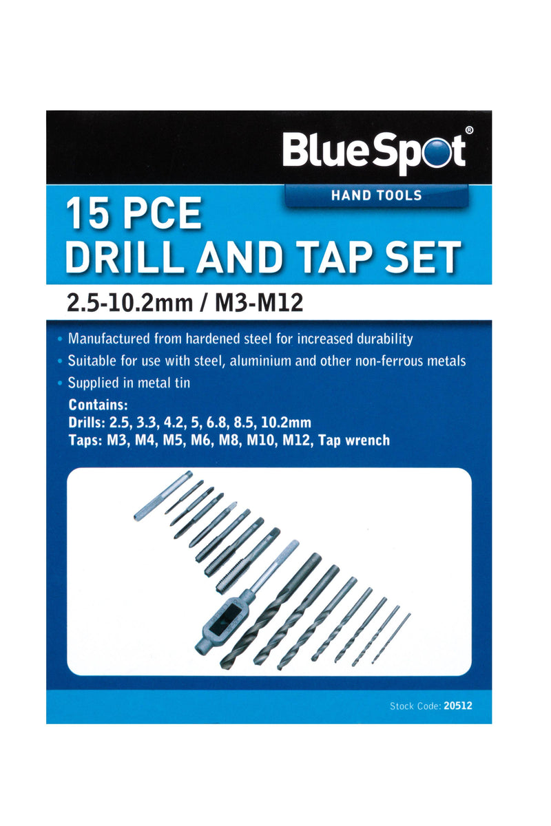 BLUE SPOT TOOLS 15 PCE DRILL AND TAP SET (M3-M12) (2.5-10.2MM) - Premium Engineering and Metalwork from BLUE SPOT - Just £17.99! Shop now at Bargain LAB