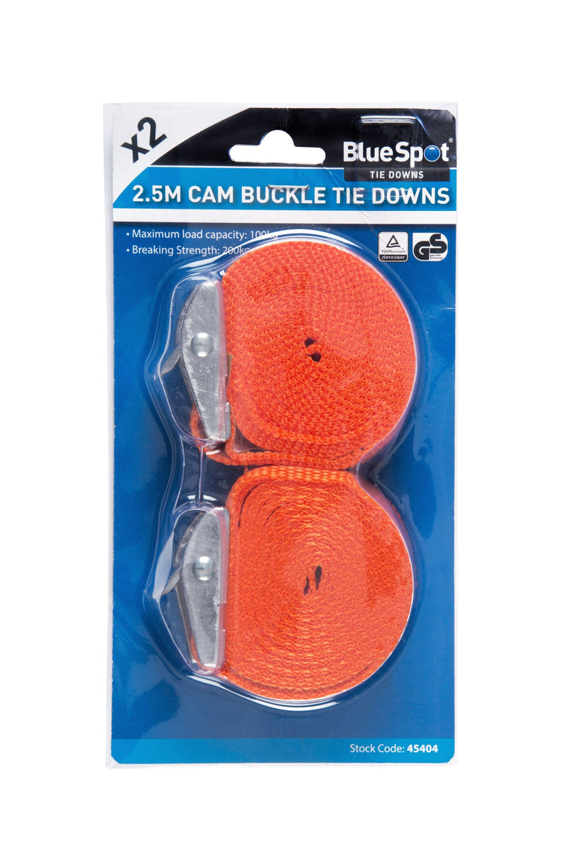 BLUE SPOT TOOLS 2 PACK CAM BUCKLE TIE DOWNS (25MM X 2.5M/8FT) - Premium Bungees & Tie Downs from BLUE SPOT - Just £6.99! Shop now at Bargain LAB