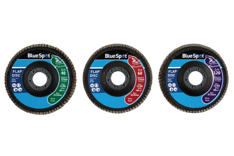 BLUE SPOT TOOLS 3 PCE 115MM (4.5") FLAP SANDING DISC SET - Premium Hand Tools from BLUE SPOT - Just £8.95! Shop now at Bargain LAB