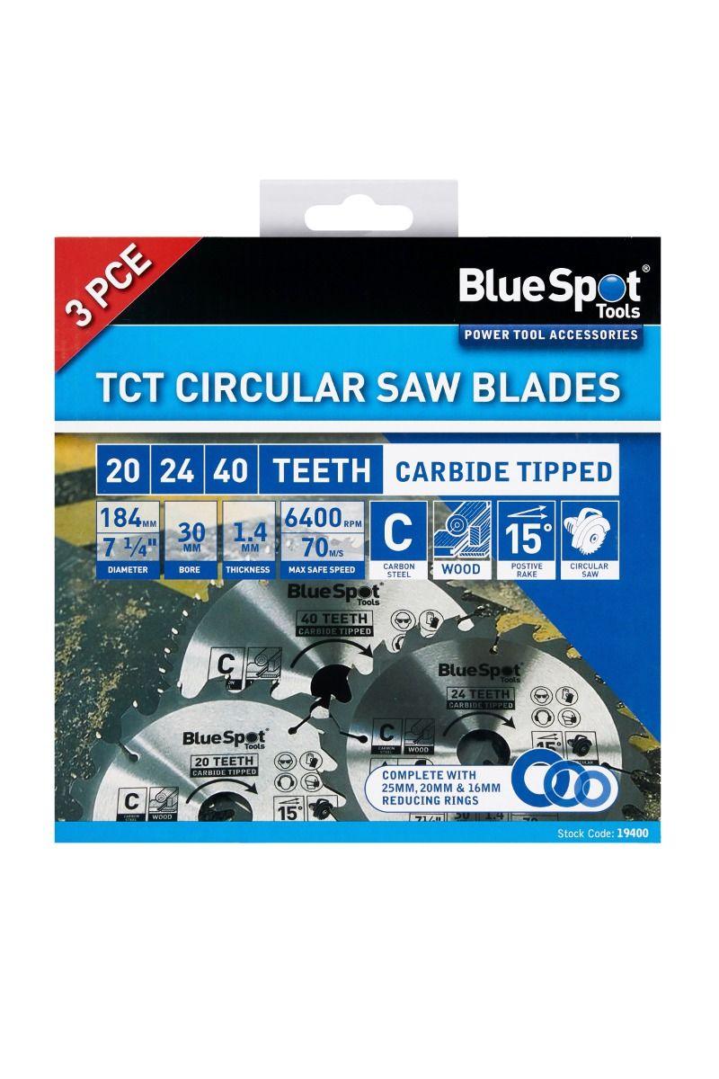 BLUE SPOT TOOLS 3 PCE 184MM X 30MM TCT CIRCULAR SAW BLADES (20, 24 & 40 TEETH) - Bargain LAB