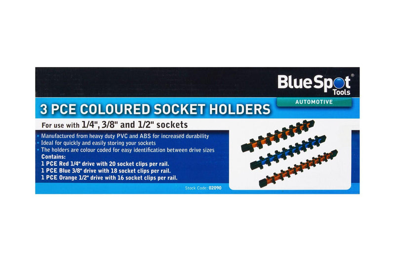 BLUE SPOT TOOLS 3 PCE COLOURED SOCKET HOLDERS (54 CLIPS) (1/4"-3/8"-1/2") - Premium Automotive from BLUE SPOT - Just £11.49! Shop now at Bargain LAB