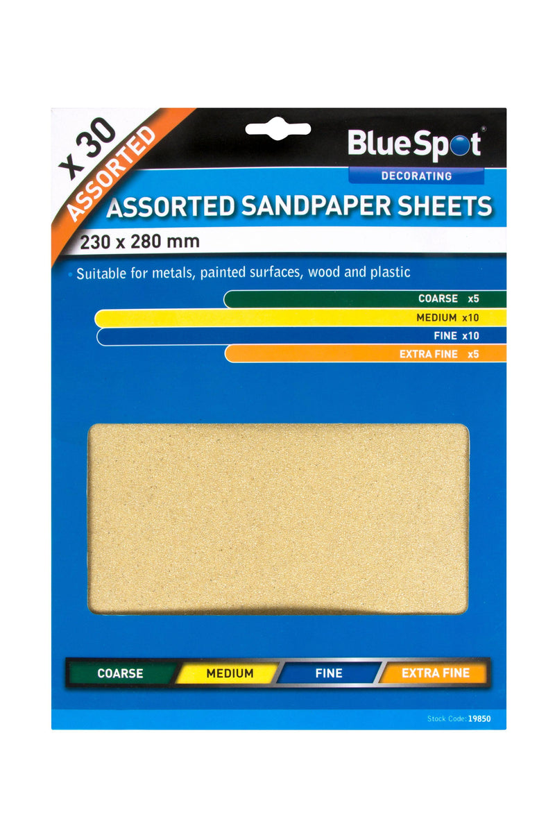 BLUE SPOT TOOLS 30 PCE ASSORTED SANDPAPER SHEETS - Premium Abrasives from BLUE SPOT - Just £6.99! Shop now at Bargain LAB