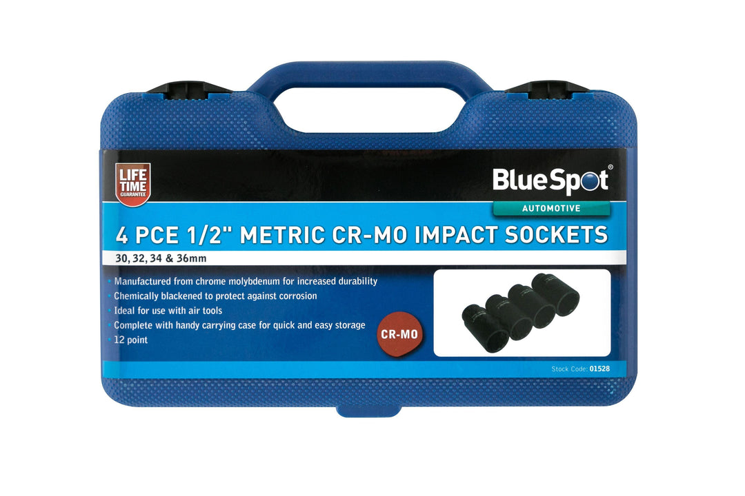 BLUE SPOT TOOLS 4 PCE 1/2" METRIC CR-MO IMPACT SOCKETS (30-36MM) - Premium Automotive from BLUE SPOT - Just £21.49! Shop now at Bargain LAB