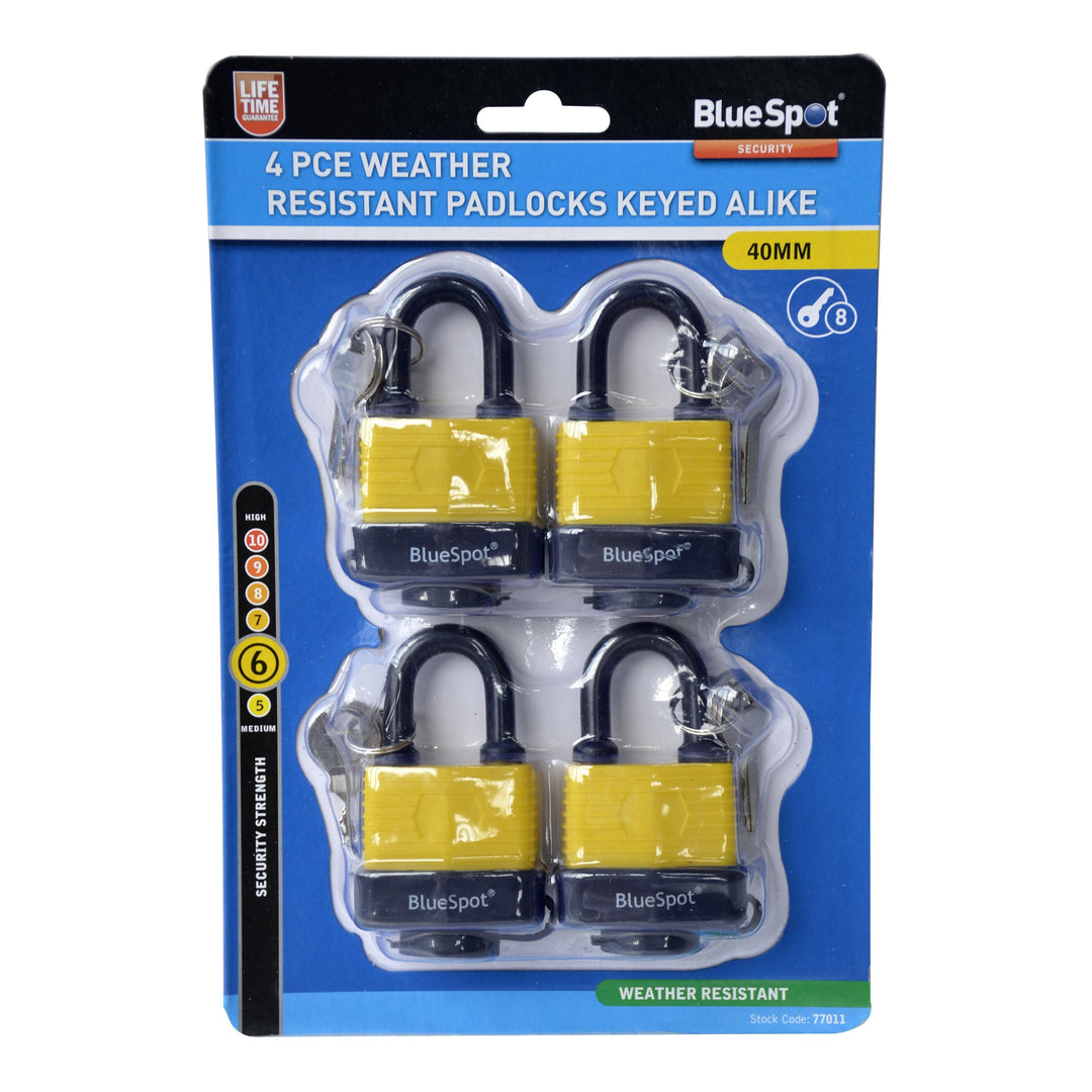 BLUE SPOT TOOLS 4 PCE 40MM WEATHER RESISTANT PADLOCKS KEYED ALIKE - Premium Security from BLUE SPOT - Just £12.95! Shop now at Bargain LAB