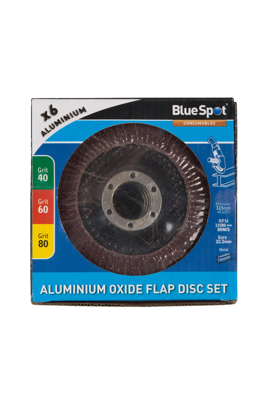 BLUE SPOT TOOLS 6 PCE 115MM (4.5") ALUMINIUM OXIDE FLAP DISC SET - Bargain LAB