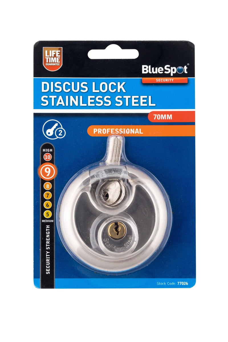 BLUE SPOT TOOLS 70MM DISCUS LOCK STAINLESS STEEL - Premium Security from BLUE SPOT - Just £9.99! Shop now at Bargain LAB