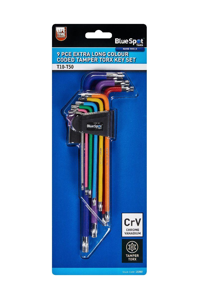 BLUE SPOT TOOLS 9 PCE EXTRA LONG COLOUR CODED TAMPER TORX KEY SET (T10-T50) - Premium Hand Tools from BLUE SPOT - Just £13.99! Shop now at Bargain LAB