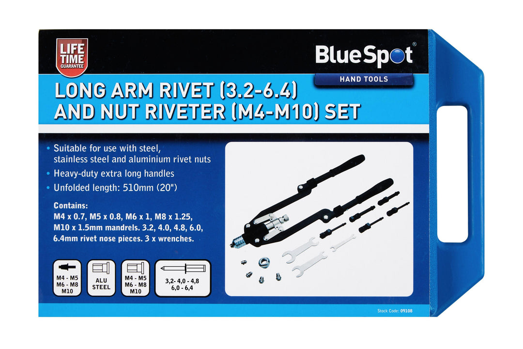 BLUE SPOT TOOLS LONG ARM RIVET (3.2-6.4) AND NUT RIVETER (M4-M10) SET - Premium Engineering and Metalwork from BLUE SPOT - Just £71.99! Shop now at Bargain LAB